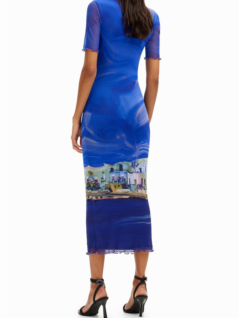 Desigual NWT 🪼 Mediterranean Blues 🧿Coastal Scene 🛥️ Tulle/Mesh Maxi Dress